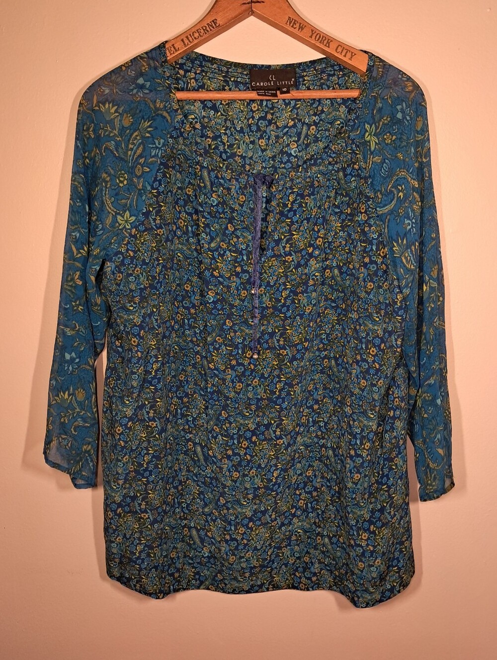 Carole Little Teal Blue Floral Silk Top with Tie Neck